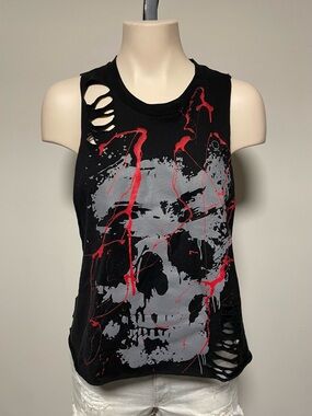 The Drive Clothing Shredded Distressed Ripped Graphic Skull Tank Size Medium